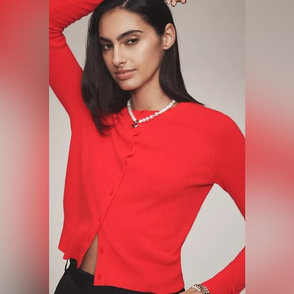 ANTHROPOLOGIE Cashmere Cardigan Red Classic Academia Holiday Christmas S - Picture 4 of 6